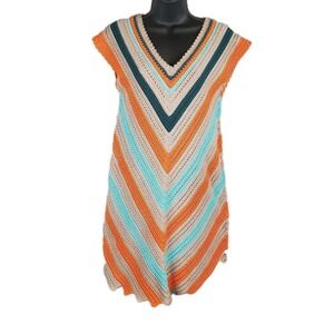 Womens M Crochet Seaside Chevron Dress Scalloped Hem Cap Sleeve Boho Beach Chic